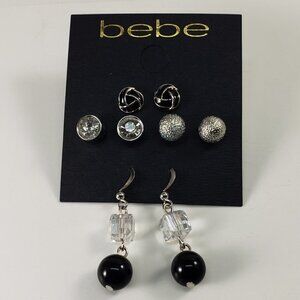BEBE, Set of 4 pairs of Silver-tone, Gray and Black Beaded Drop Studs Earrings